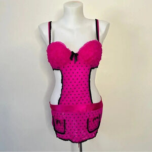 NWT La Senza French Maid Costume Corset Dress Bra Fushia Pink Velvet Polka Dot M